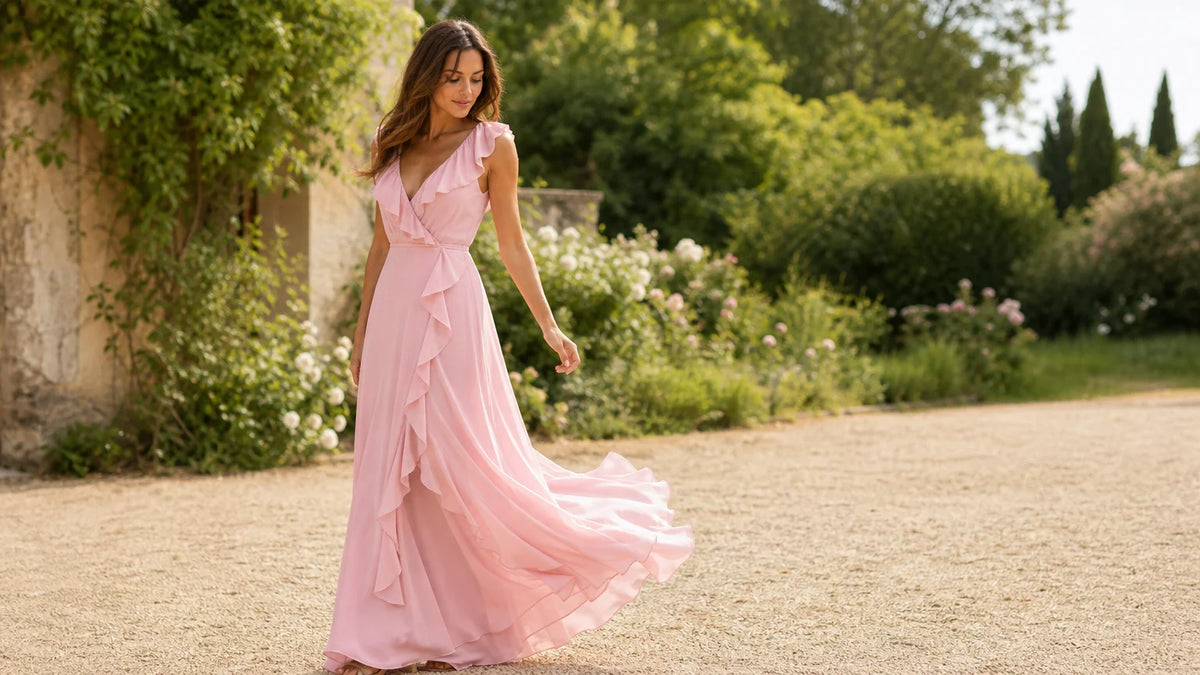Silhouette en robe longue à volants dans une lumière estivale