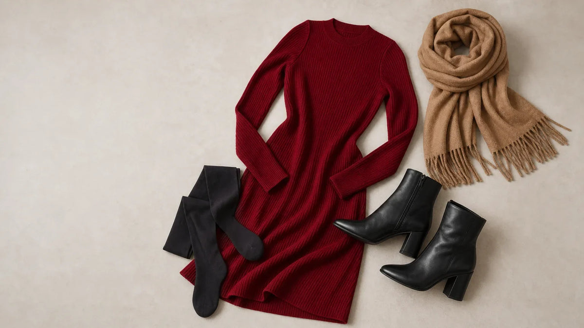 Robe rouge en maille associée à des collants, des bottines et une écharpe d’hiver