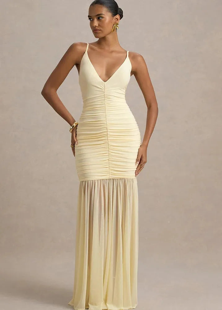 Robe de soirée jaune drapée