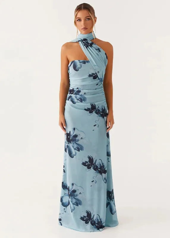 Robe longue femme bleu sans bretelles à motifs floraux