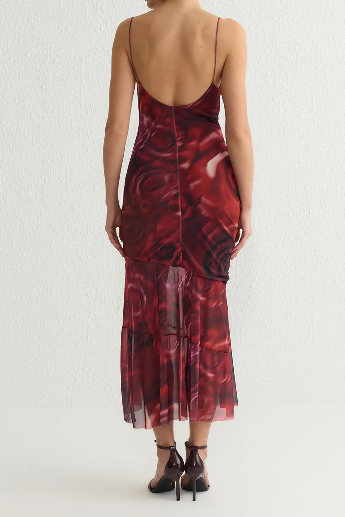 Robe mi longue en mesh motif rose-Robe Parfaite