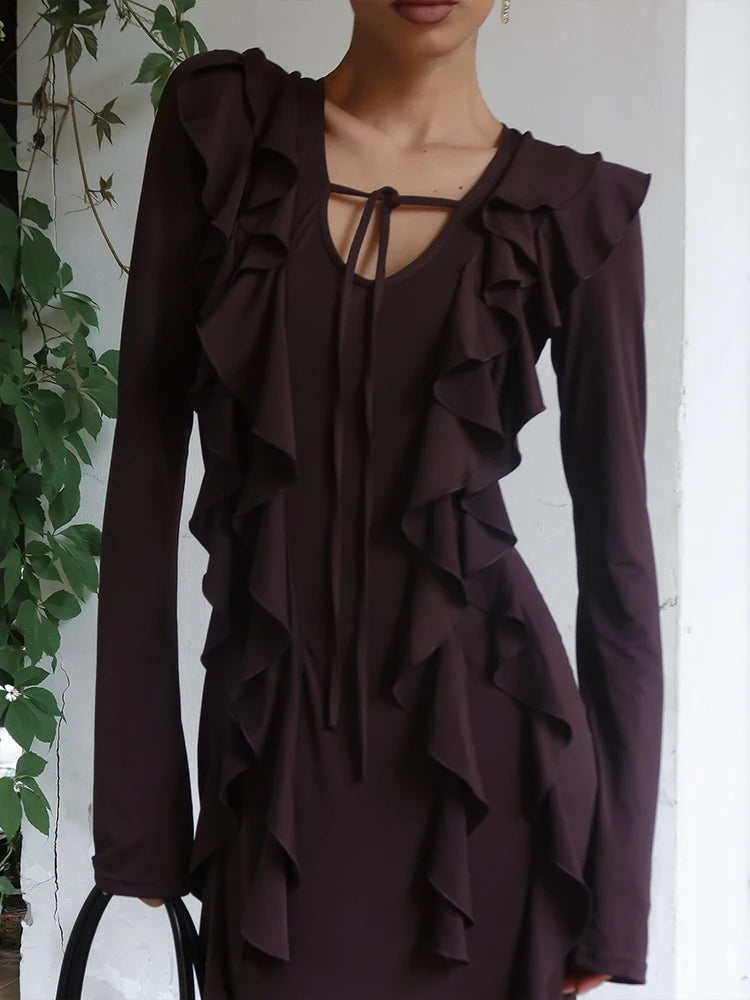 Robe longue à volants marron