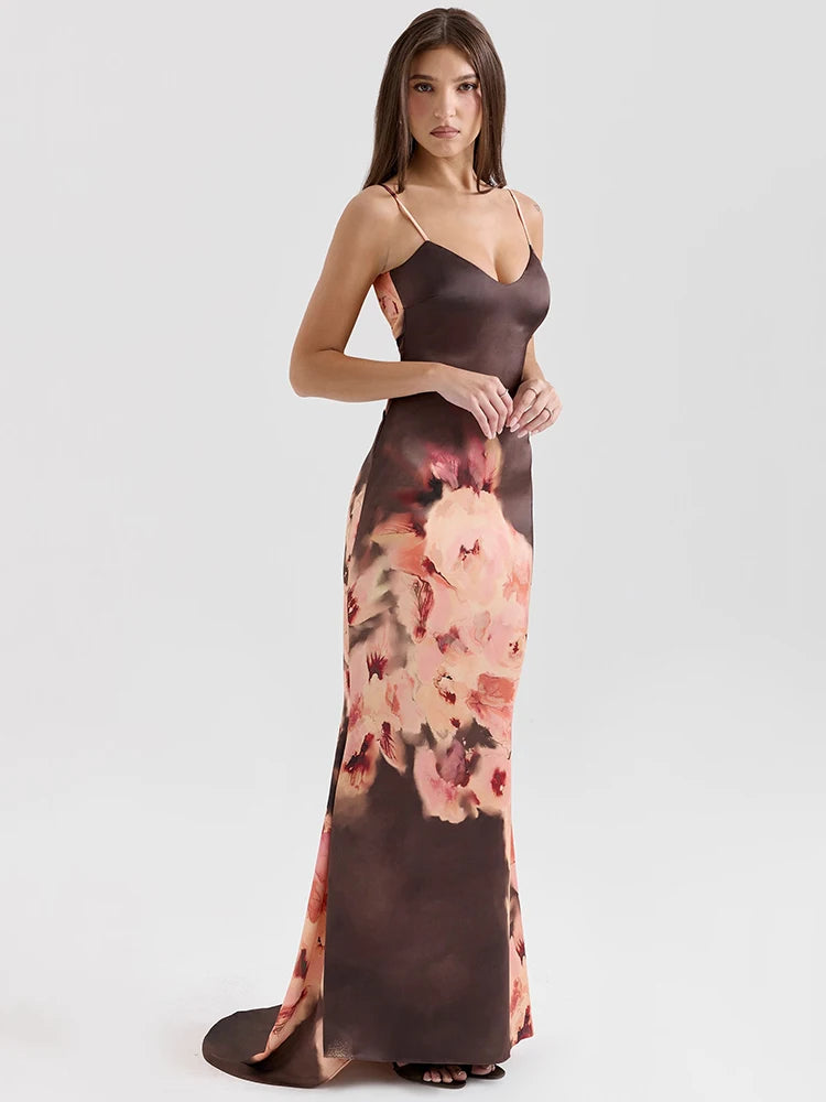 Robe longue satin fleuri