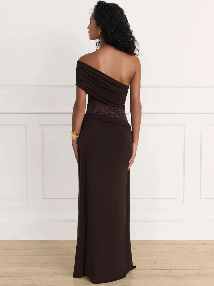 Robe de soirée marron empiècement dentelle