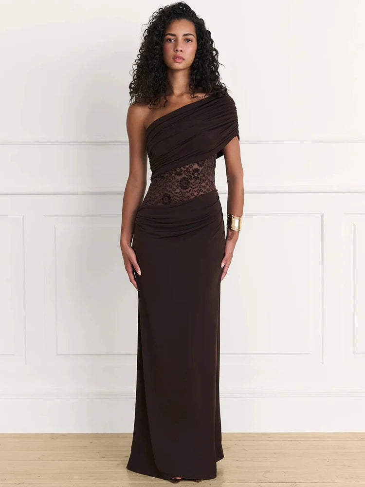 Robe de soirée marron empiècement dentelle