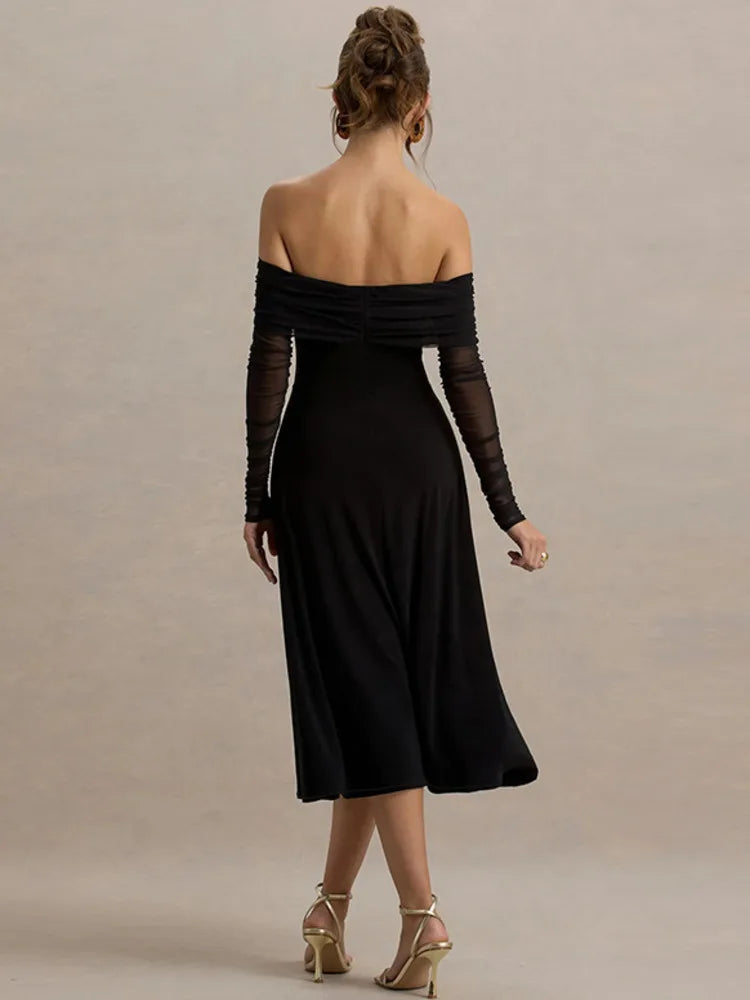 Robe de soirée noire col bardot