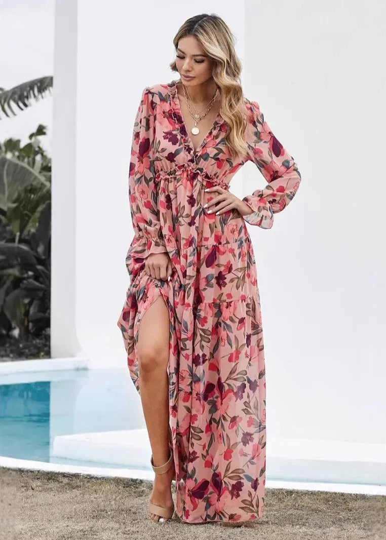 Robe longue fleurie manche longue