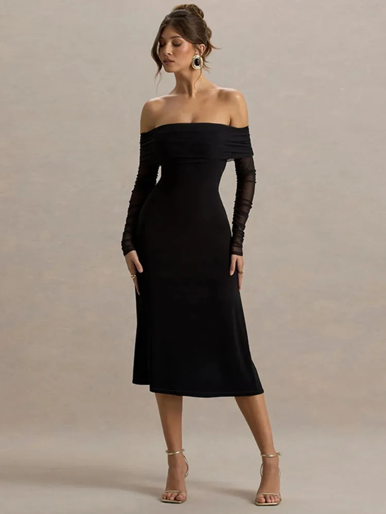 Robe de soirée noire col bardot