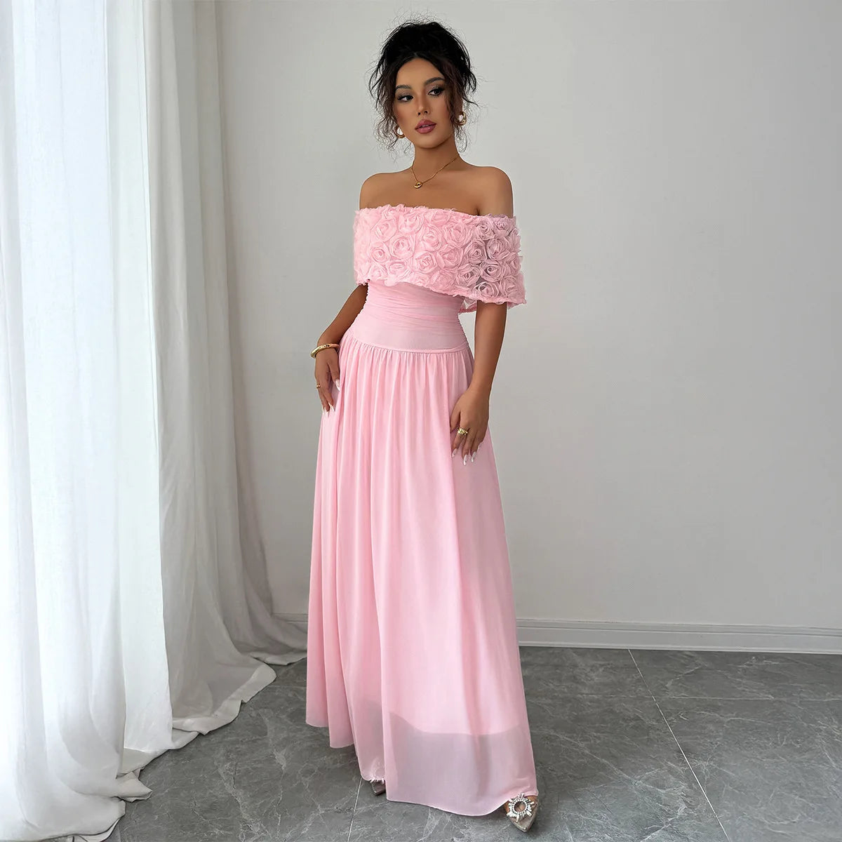 Robe demoiselle d'honneur rose épaules dénudées