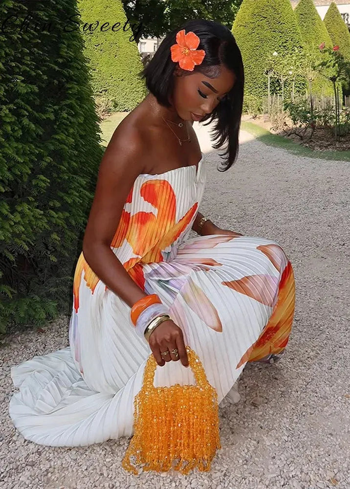 Robe longue plissée fleurie