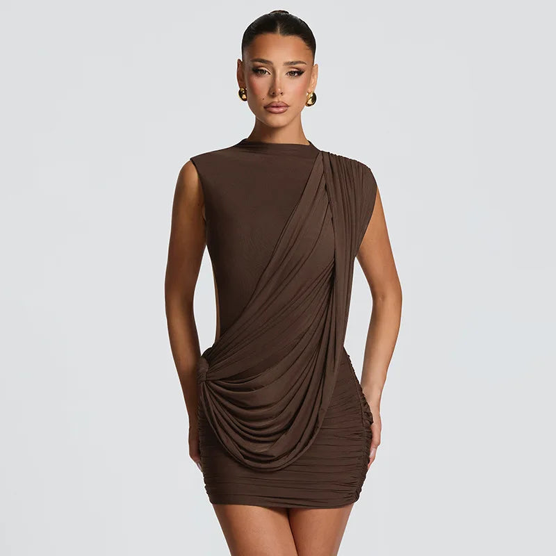 Robe courte drapée marron
