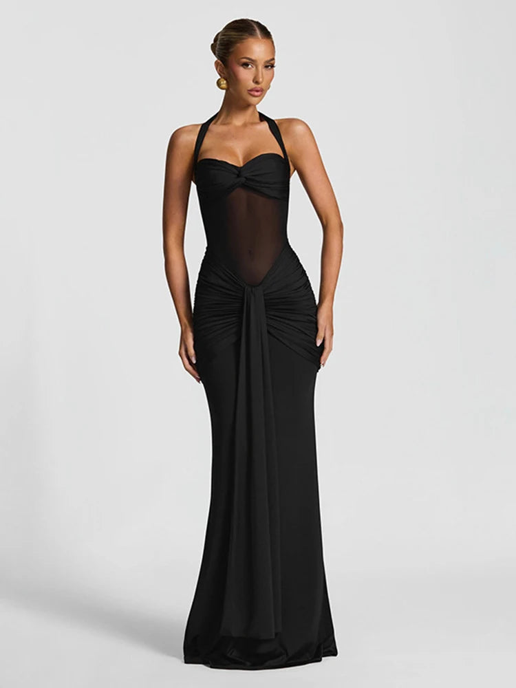 Robe de soirée drapée empiècement mesh
