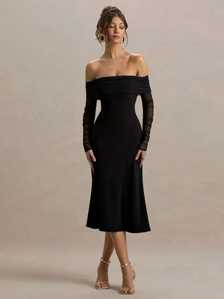 Robe de soirée noire col bardot