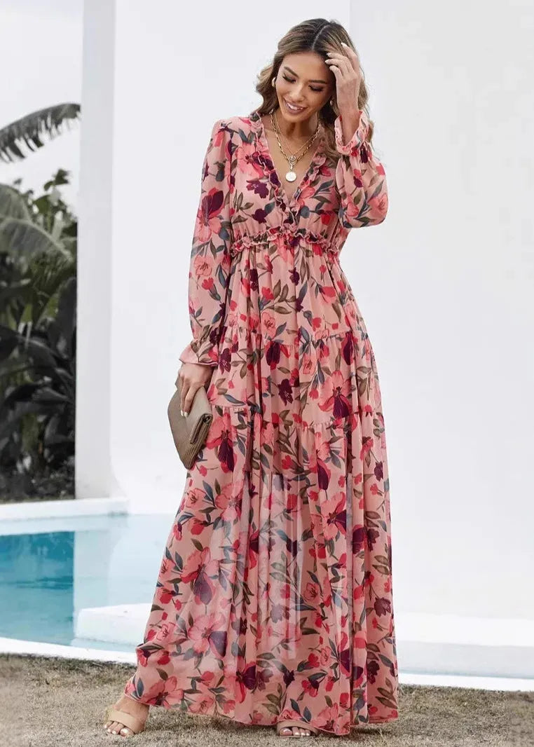 Robe longue fleurie manche longue