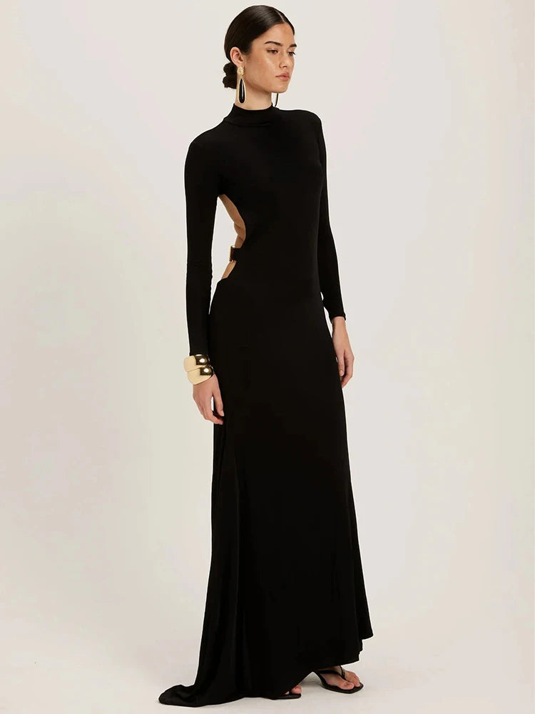 Robe de soirée longue manches longues noir dos nu plongeant