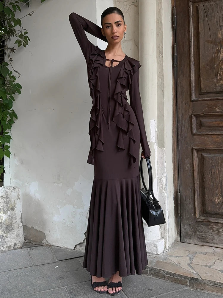 Robe longue à volants marron