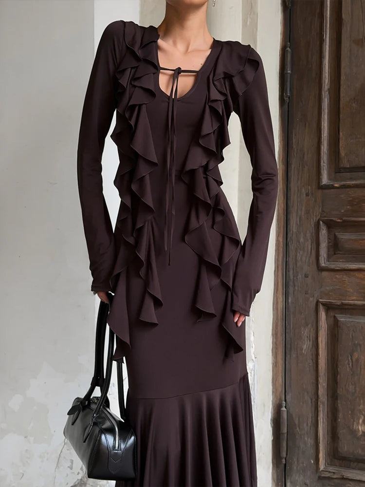 Robe longue à volants marron