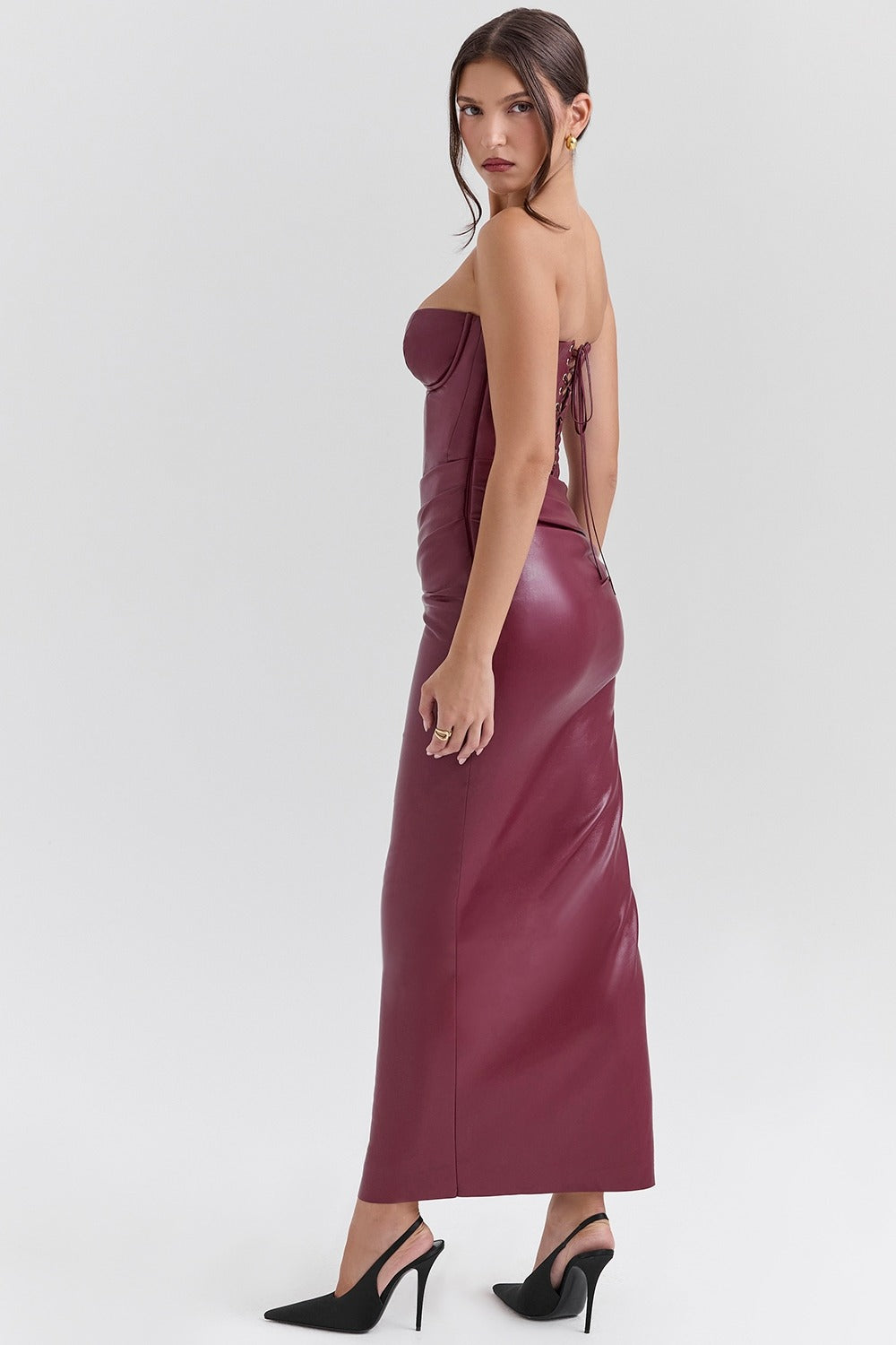 Robe longue simili cuir grenat