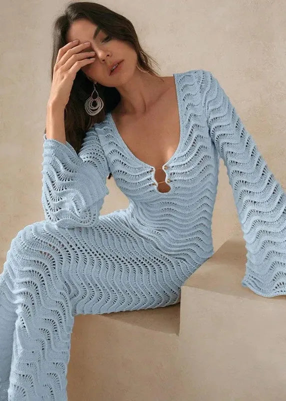 Robe crochet bleu ciel manches longues