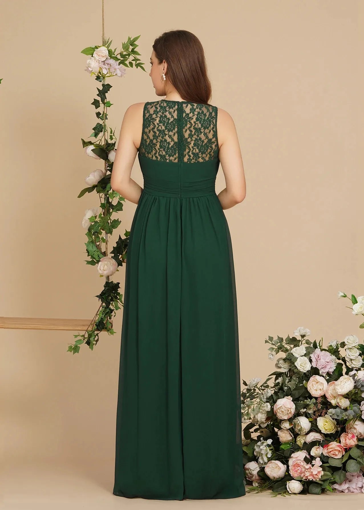 Robe demoiselle d'honneur longue empiècement dentelle