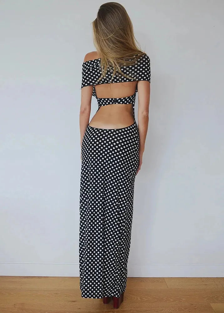 Robe longue noire a pois blanc