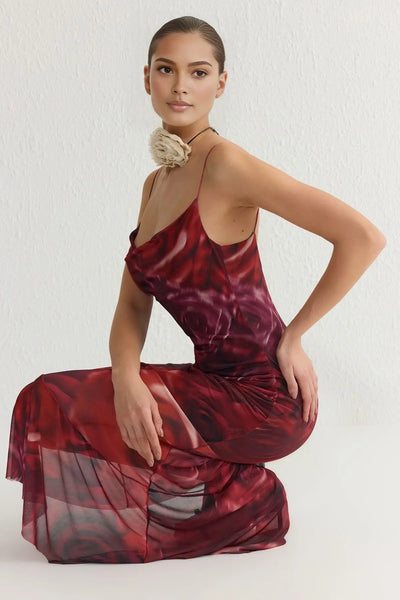 Robe mi longue en mesh motif rose-Robe Parfaite