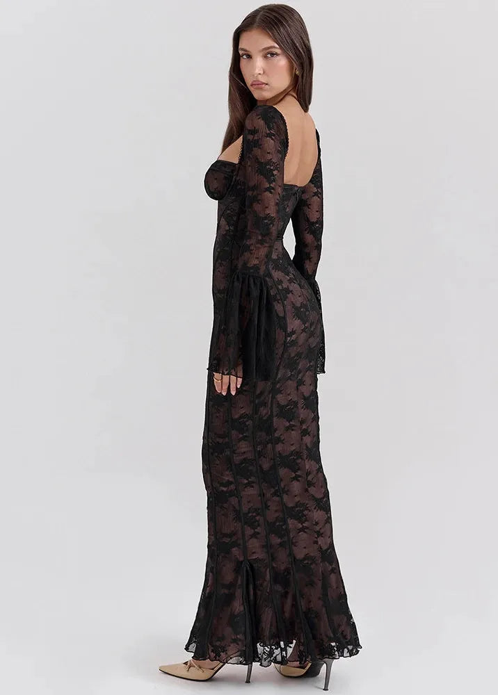 Robe noire longue dentelle-Robe Parfaite