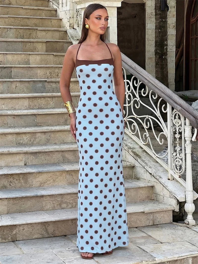 Robe longue bleue à pois