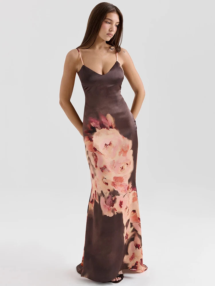 Robe longue satin fleuri