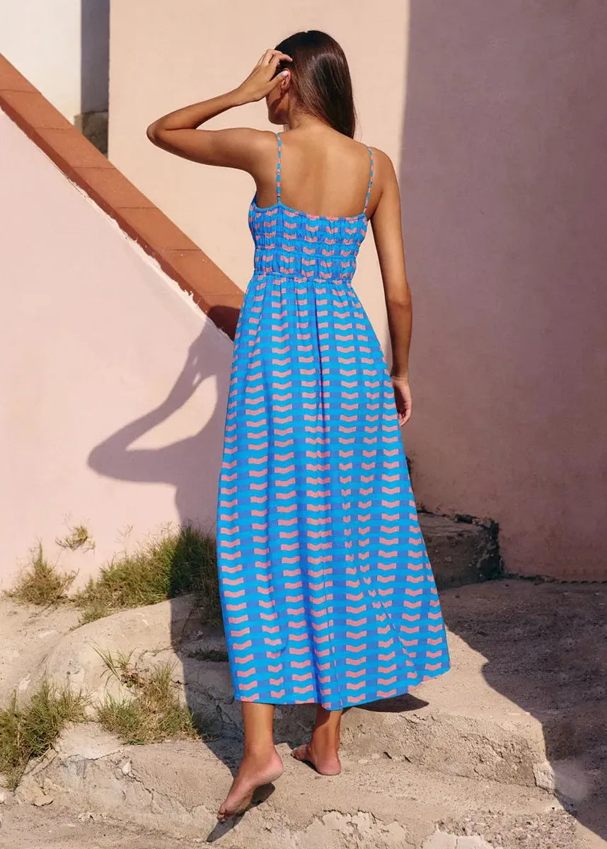 Robe longue fine bretelle bleu