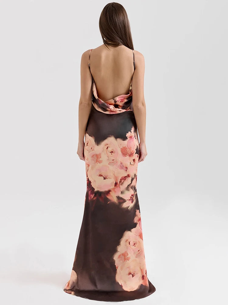 Robe longue satin fleuri