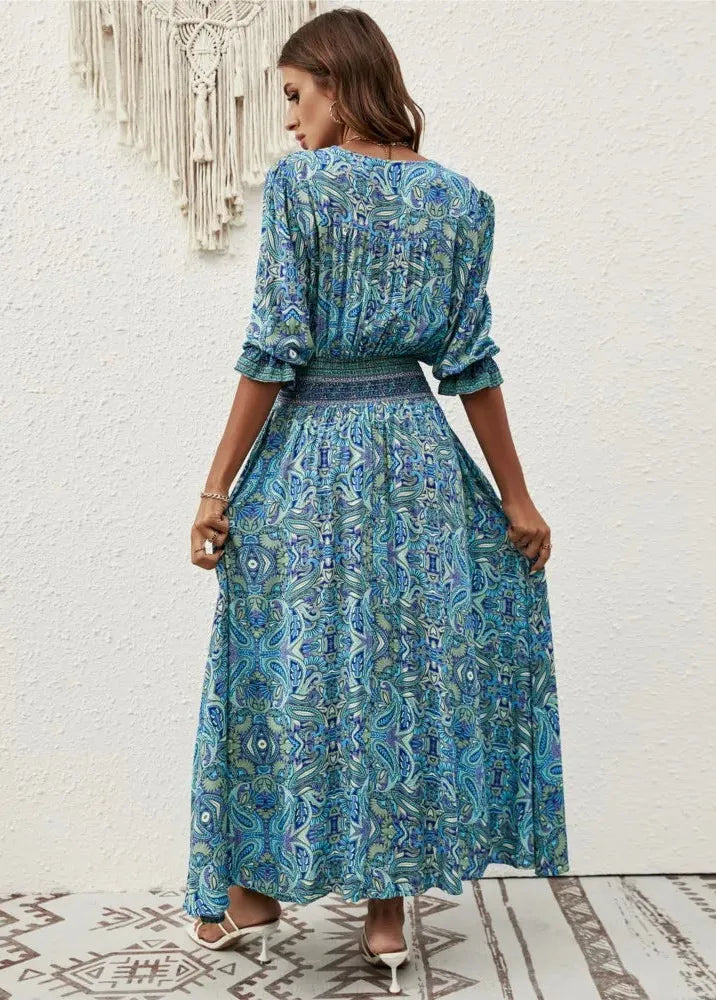 Robe longue bleu bohème