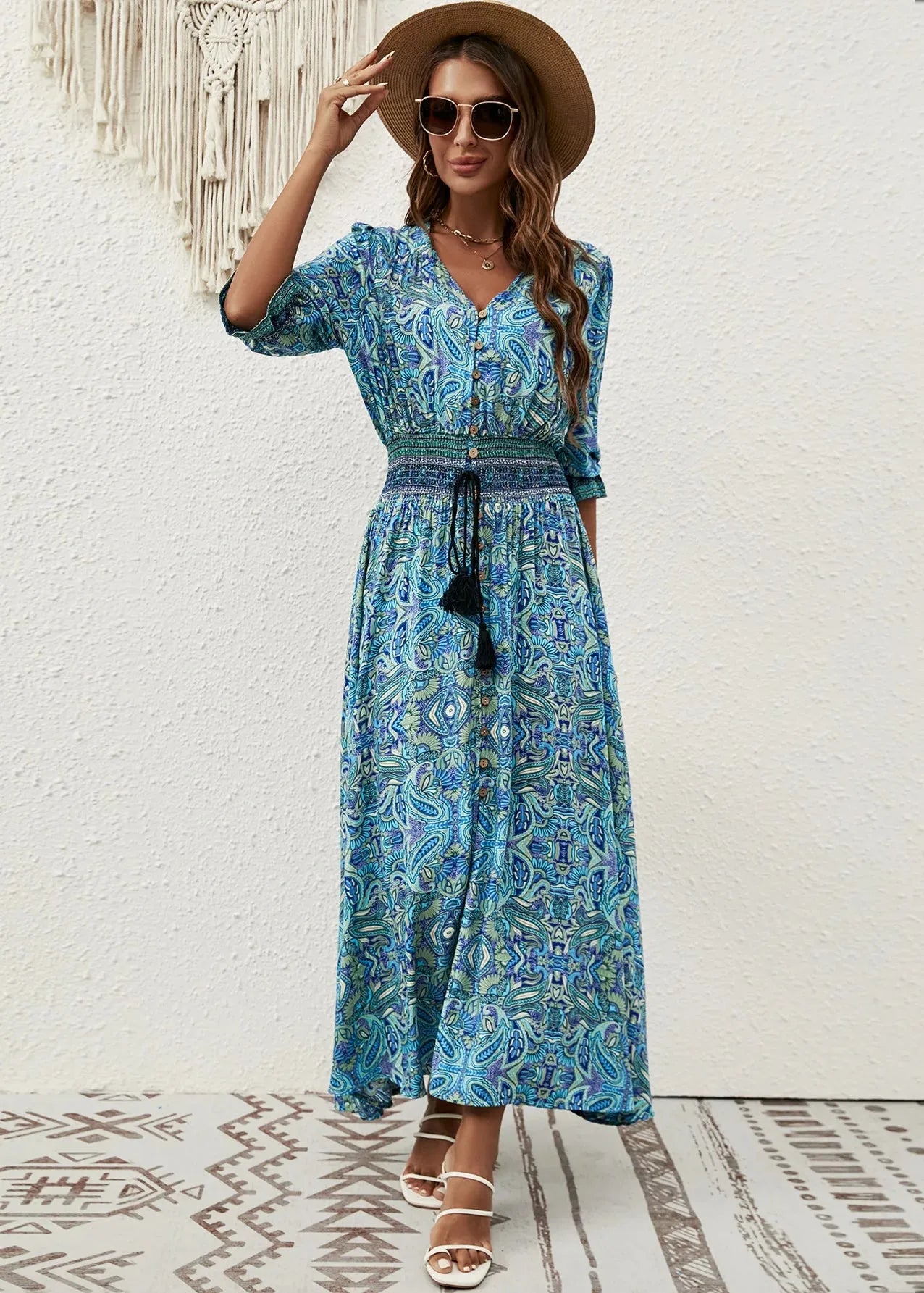 Robe longue bleu bohème