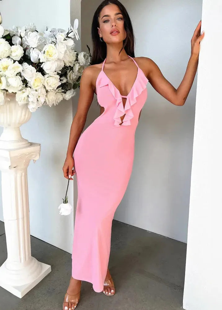 Robe longue a volant rose