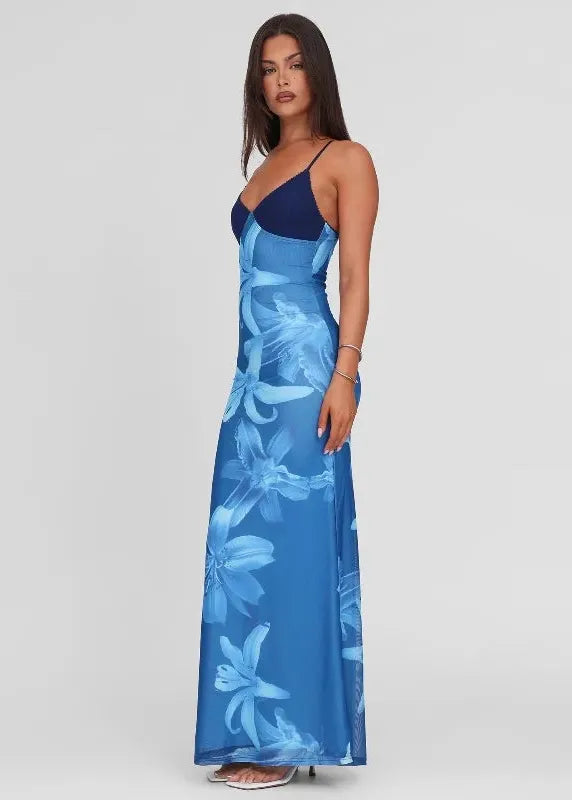 Robe longue a fleur bleu