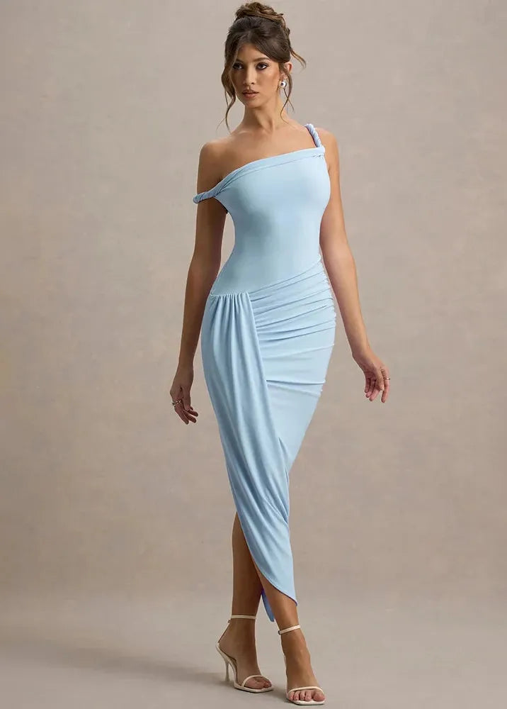 Robe longue bleu ciel drapée
