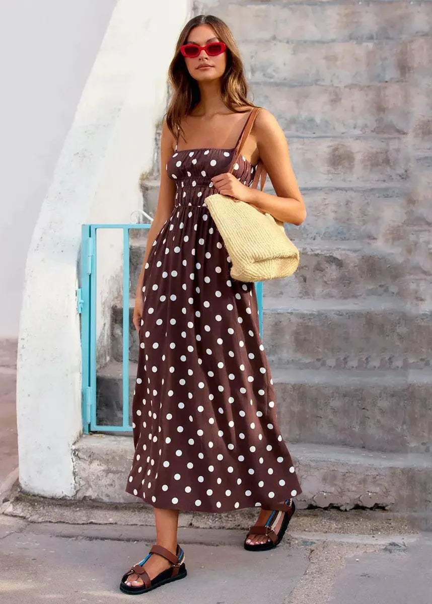 Robe a pois marron et blanc