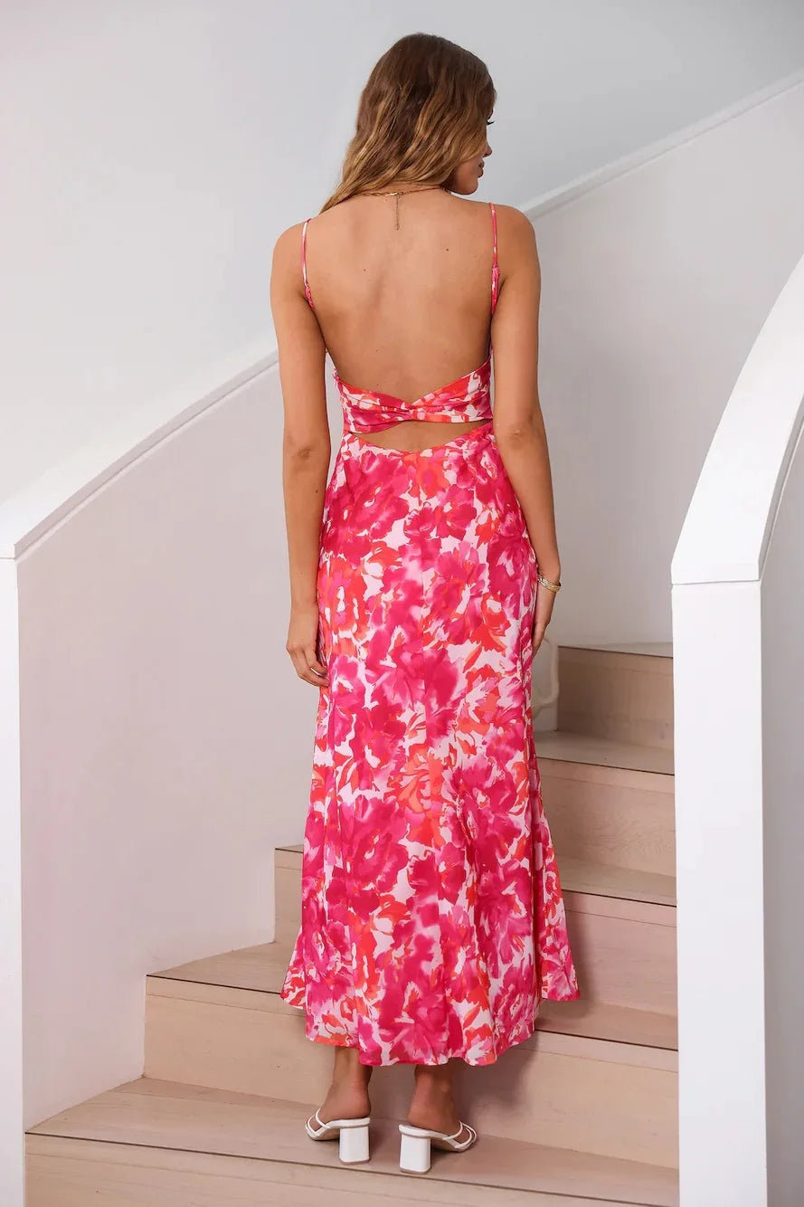 Robe longue rose à motifs