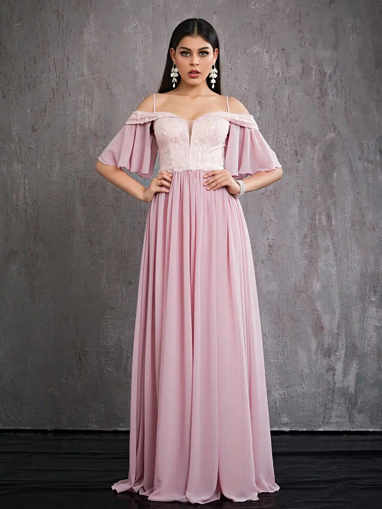 Robe de bal rose poudré mousseline