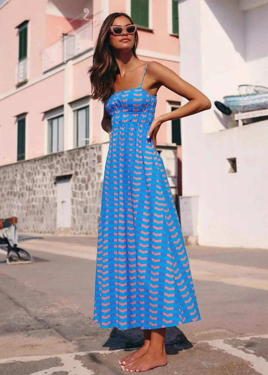 Robe longue fine bretelle bleu