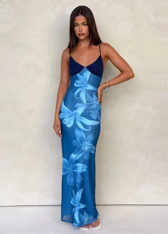 Robe longue a fleur bleu