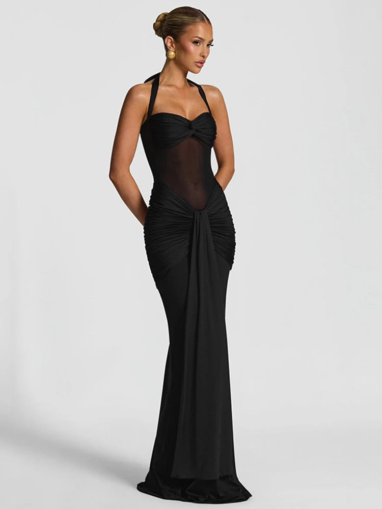 Robe de soirée drapée empiècement mesh