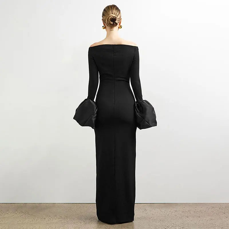 Robe longue noire manche bouffante