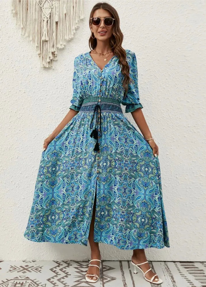 Robe longue bleu bohème