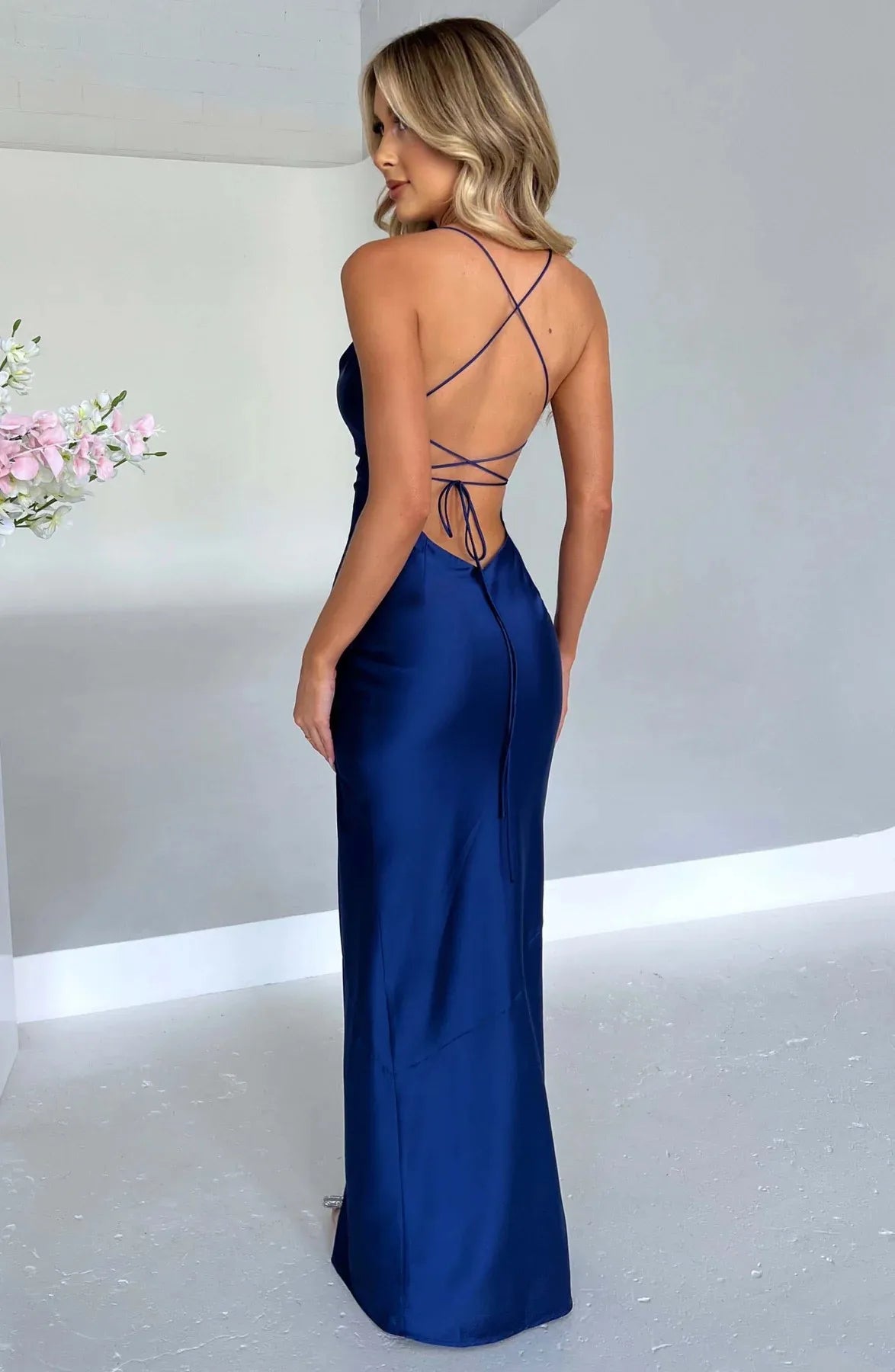 Robe longue fendue bleu
