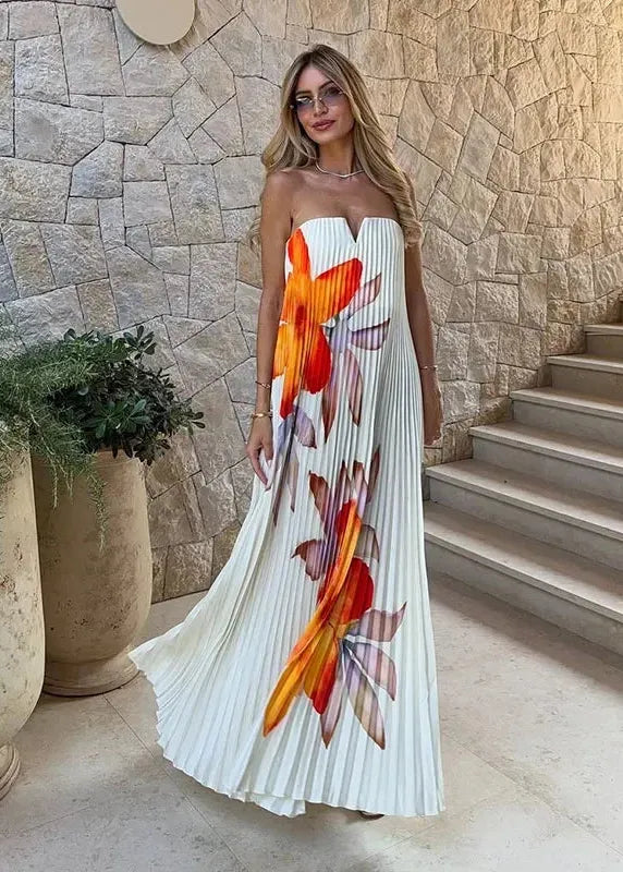Robe longue plissée fleurie