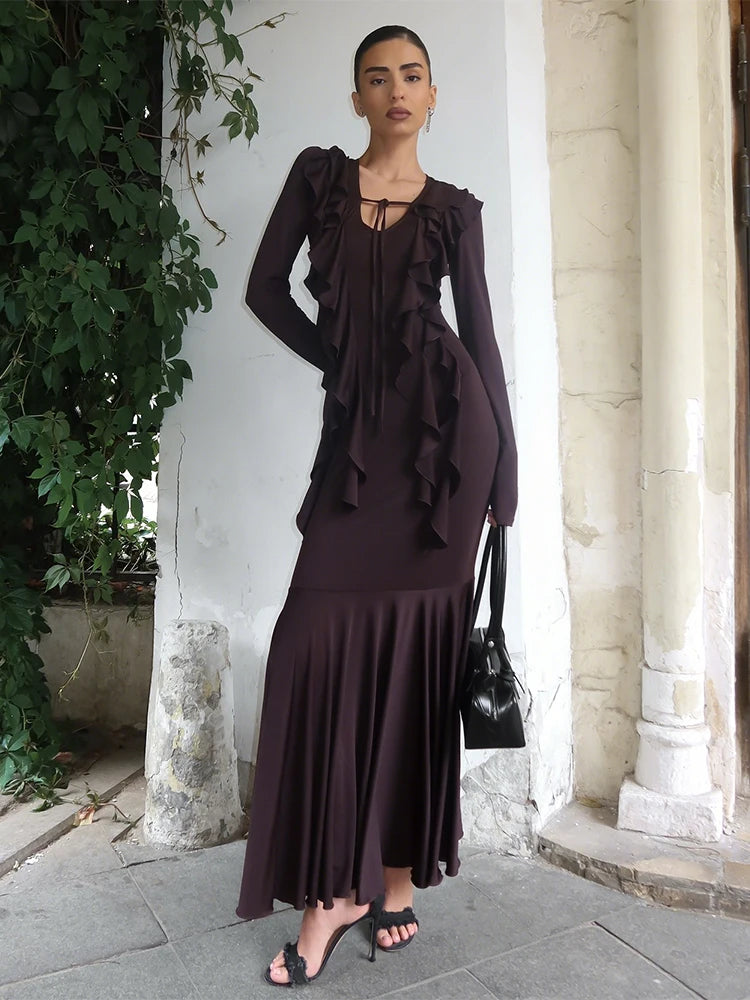 Robe longue à volants marron