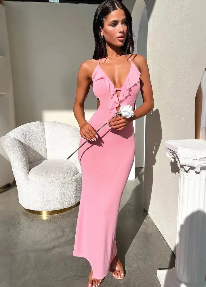 Robe longue a volant rose