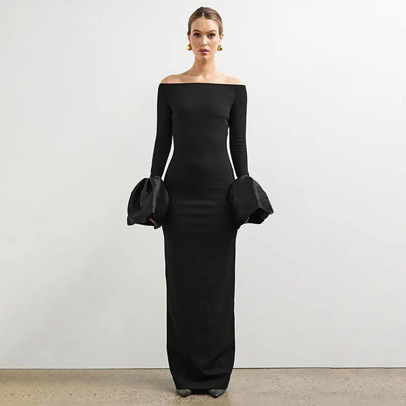 Robe longue noire manche bouffante