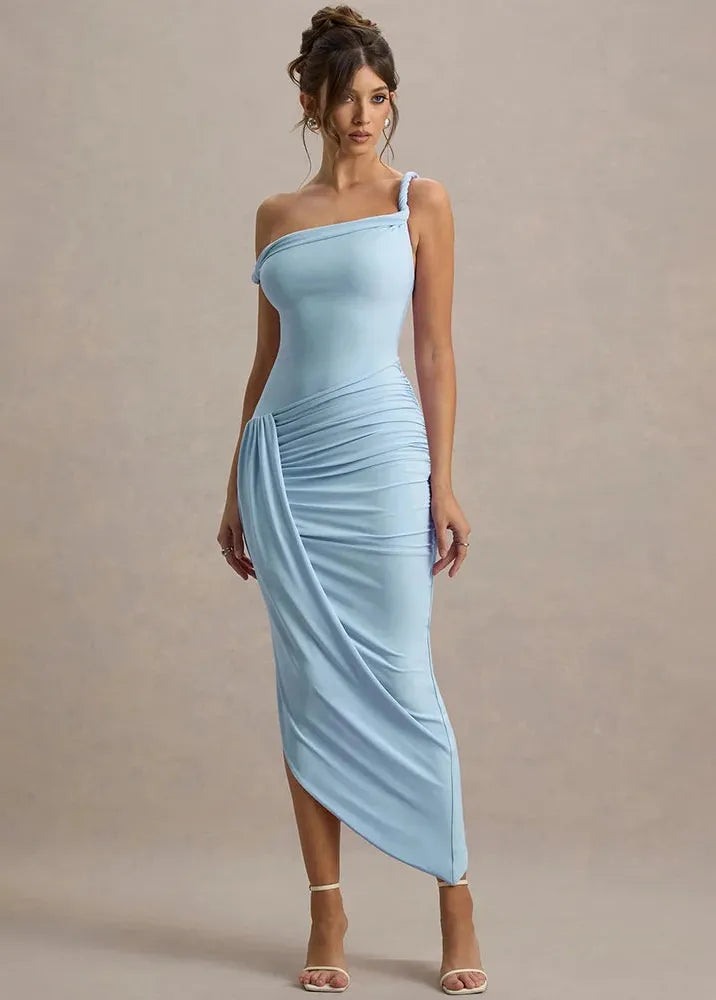 Robe longue bleu ciel drapée